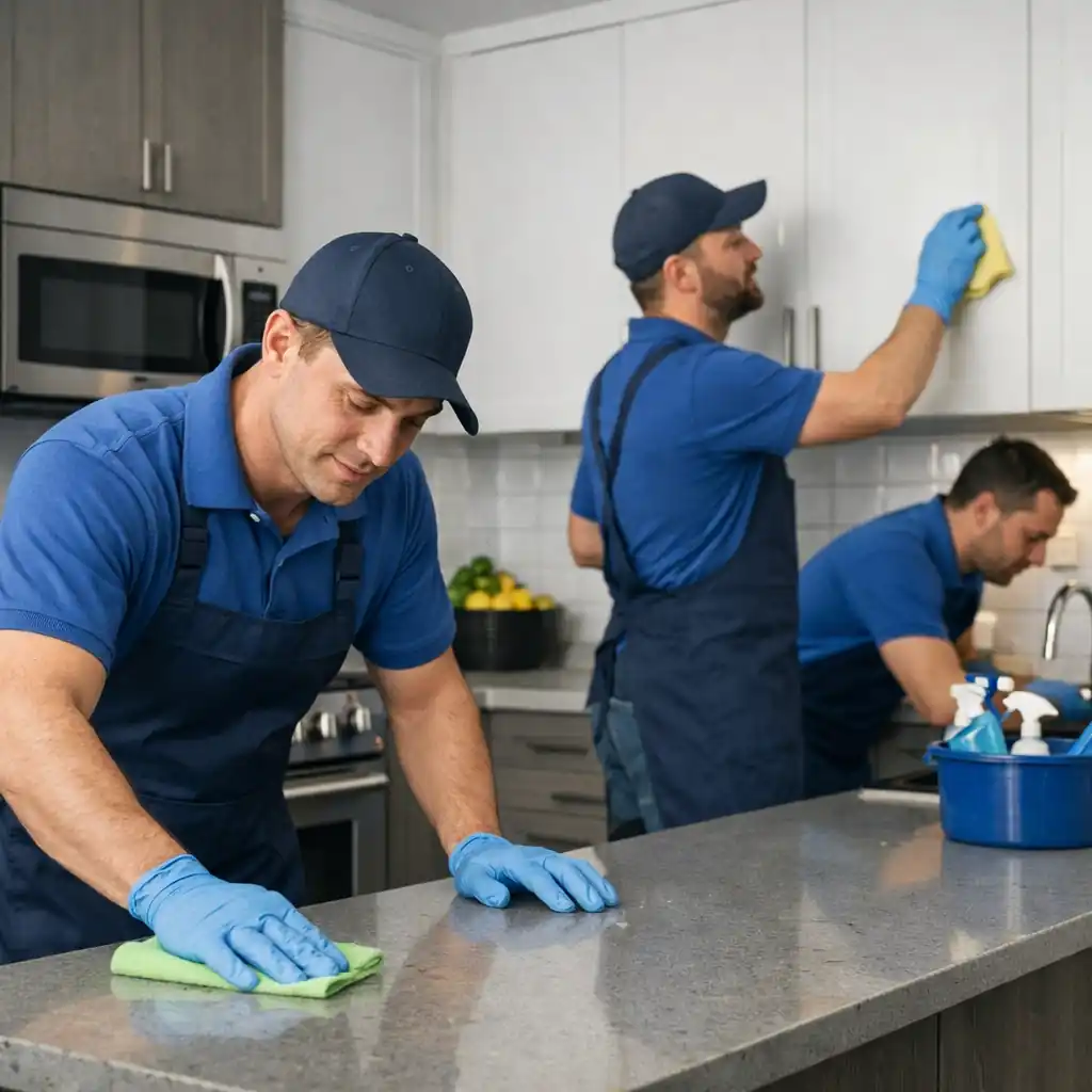 فريق جوهرة المنصورة المحترف أثناء تنظيف مطبخ منزلي لضمان النظافة في المطبخ